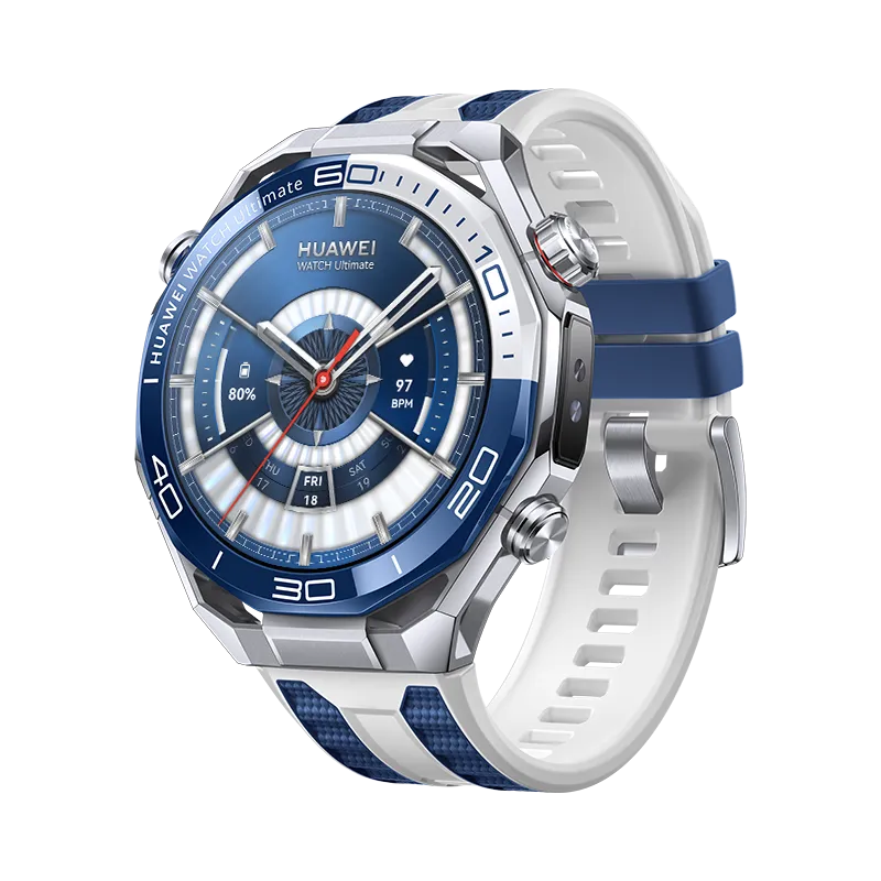 HUAWEI WATCH Ultimate 2 47,8 mm / Vloeibaar metaal op basis van zirkonium / Blauw-witte fluoroelastomeer band / eSIM / GPS / ECG / Compatibel met iOS en Android